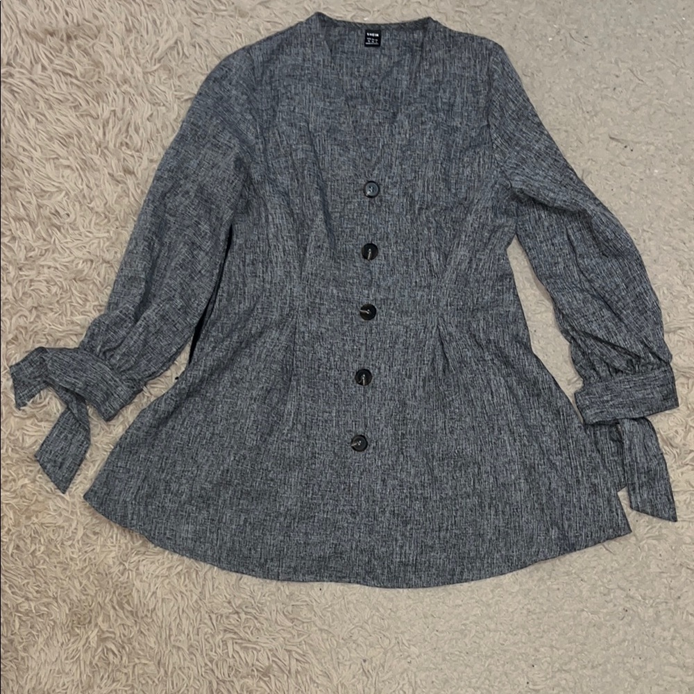 Gray V-Neck Blouse with Tied Sleeves